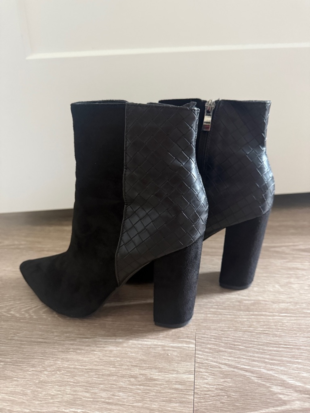 Black Textured Back Block Heel Ankle Boots - Women